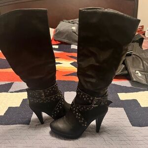 Black Studded Knee-High Boots